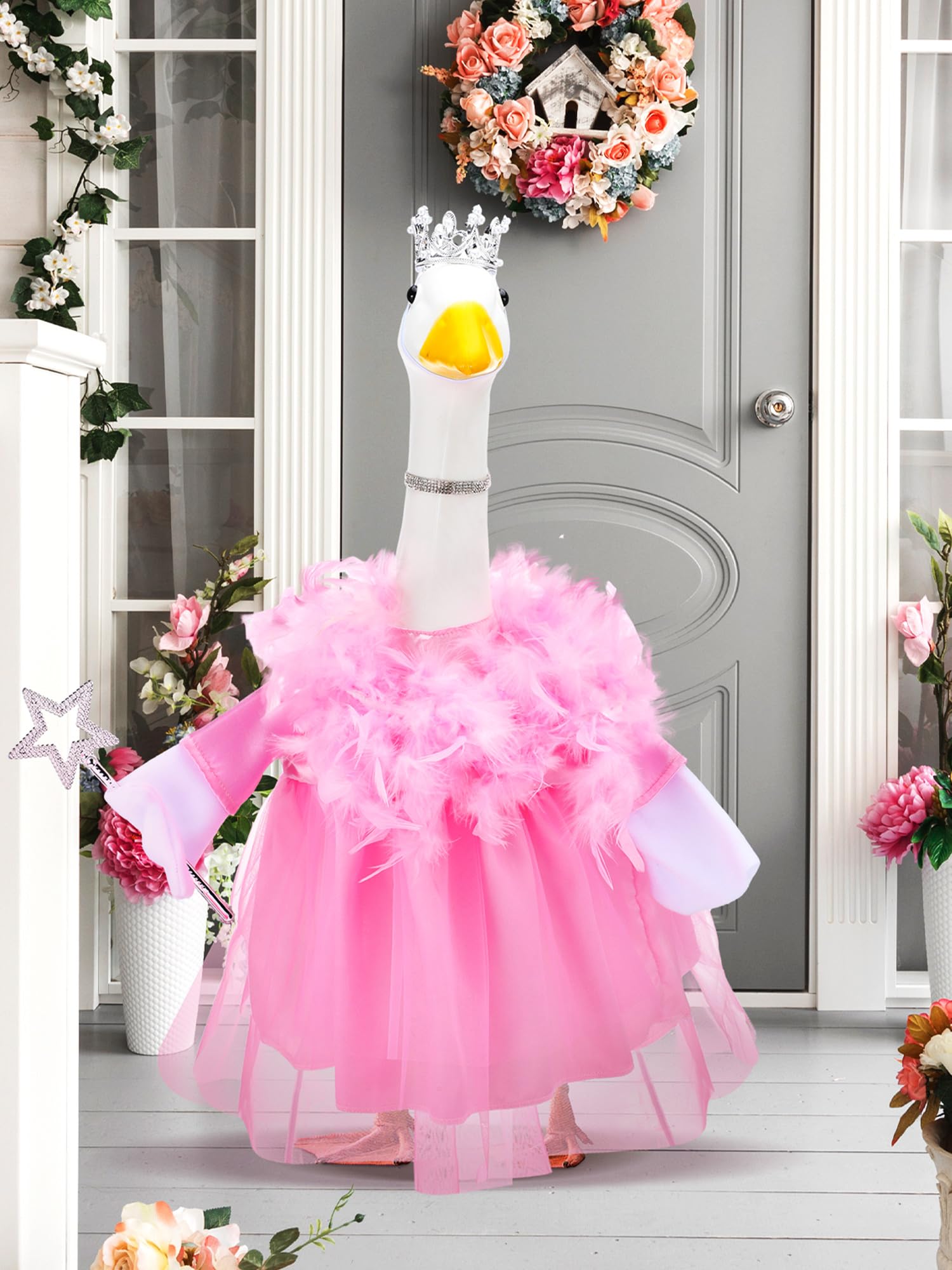 Outus princess goose crown on porch goose enhances festive garden vibes