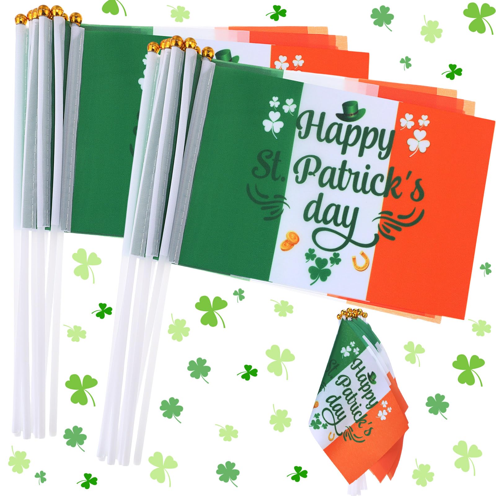Outus St Patrick's Day shamrock flag on a stick, vibrant and ready to wave during parades