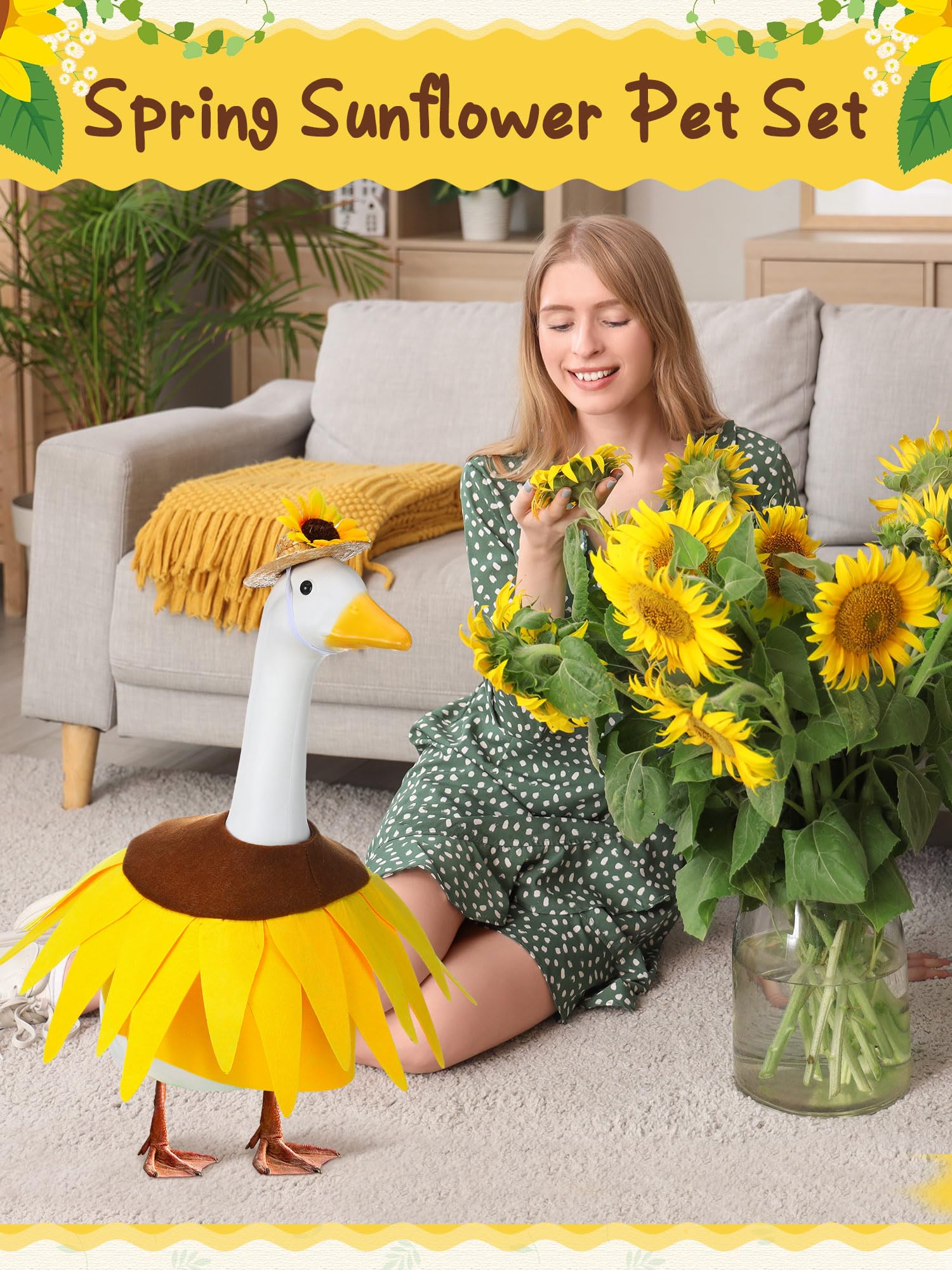 Outus Sunflower Goose Costume on garden statue brightens outdoor displays.