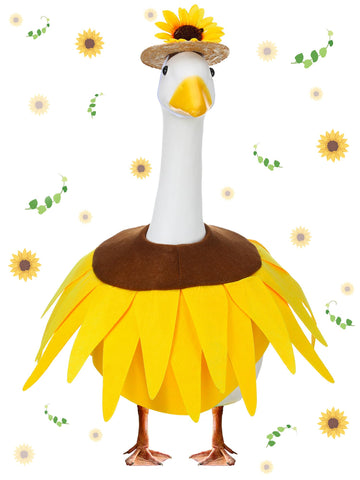 Outus Sunflower Goose Costume on statue adds spring porch charm.