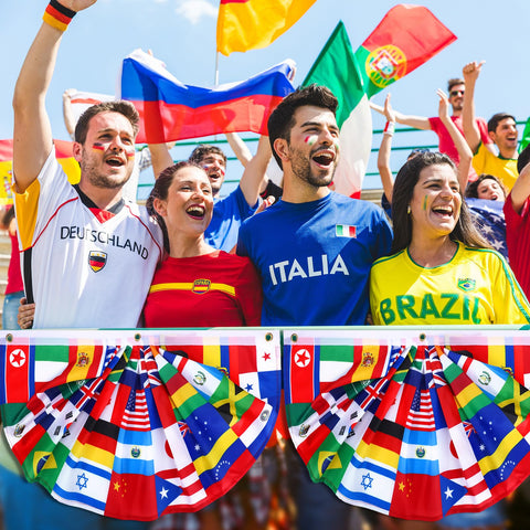 Outus world flags banner hanging from rope for yard and garden decoration.