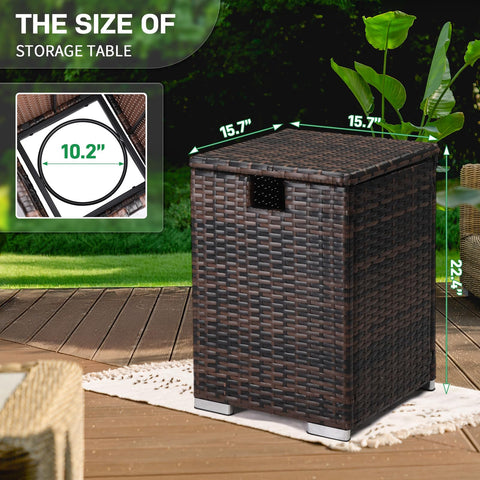 Outvita fire pit table storage unit blends with garden furniture for a cohesive patio look.