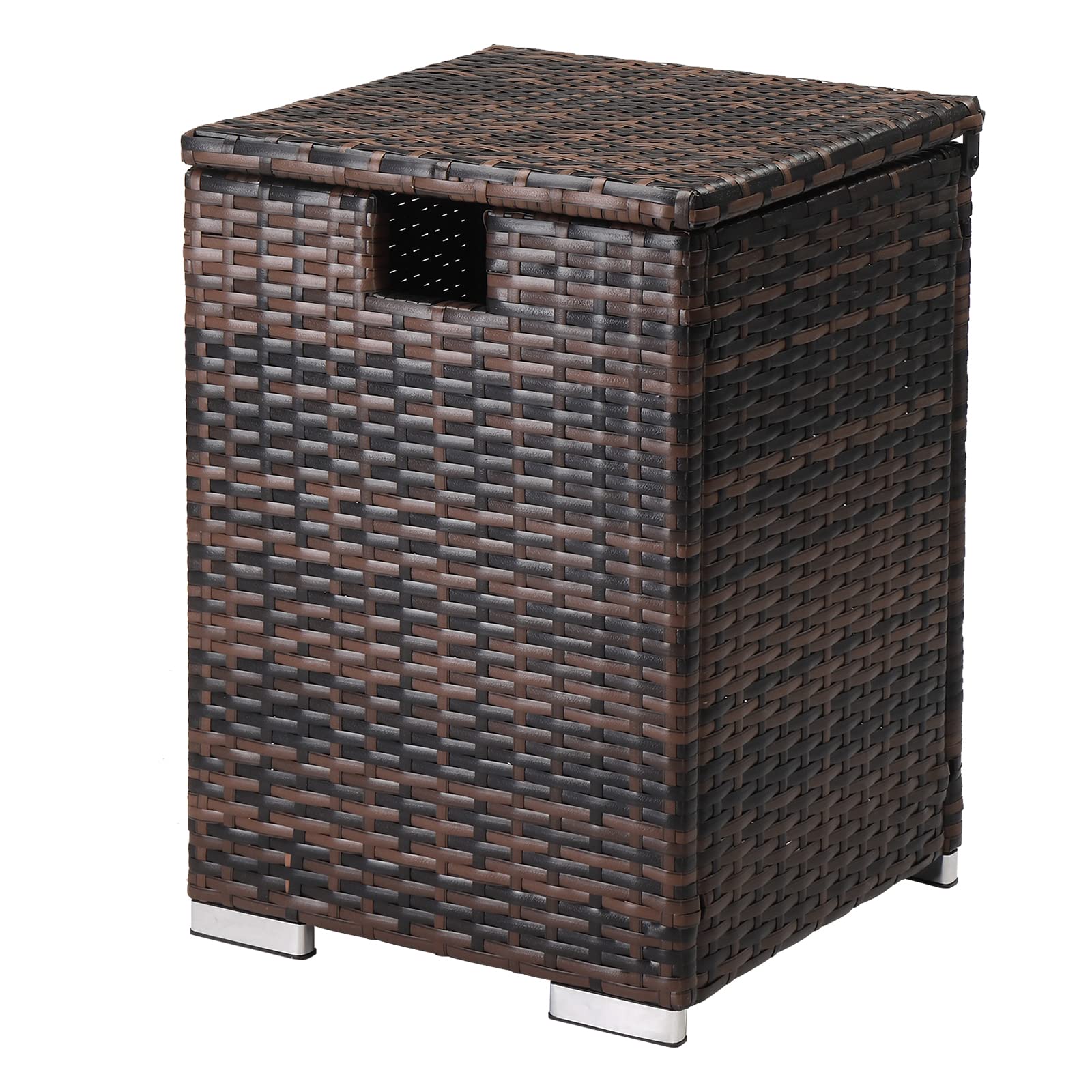 Outvita gas tank storage box in brown wicker hides the propane tank neatly for outdoor spaces.