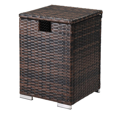 Outvita gas tank storage box in brown wicker hides the propane tank neatly for outdoor spaces.
