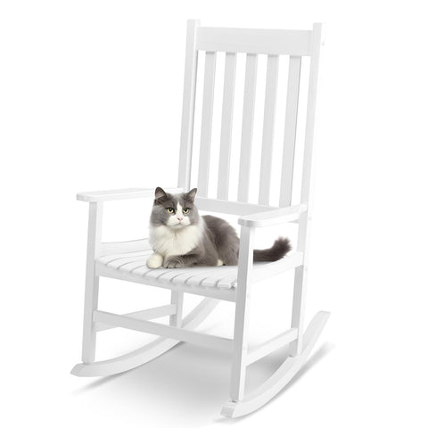 Outvita outdoor rocking chair back view shows sturdy wood construction, supporting up to 385 pounds for durable seating.