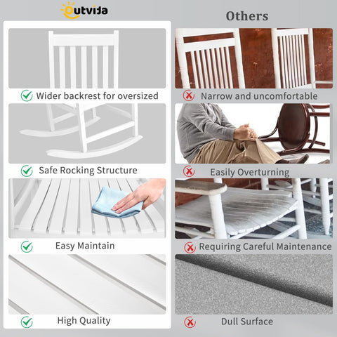 Outvita outdoor rocking chair polyurethane finish protects against corrosion and weather.