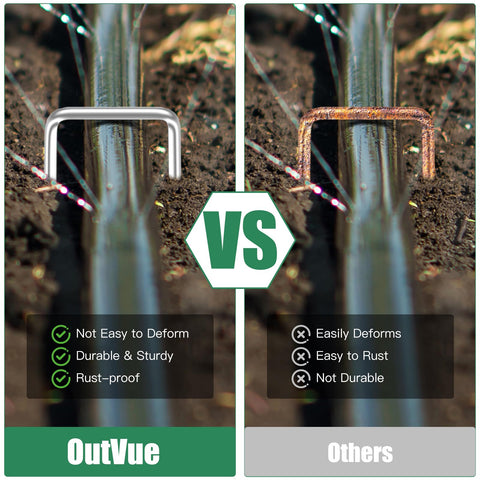OutVue sturdy stakes support tents, tarps, and garden nets.