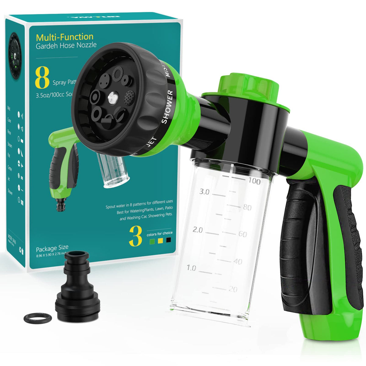 Outway garden hose nozzle shows eight spray patterns for versatile watering