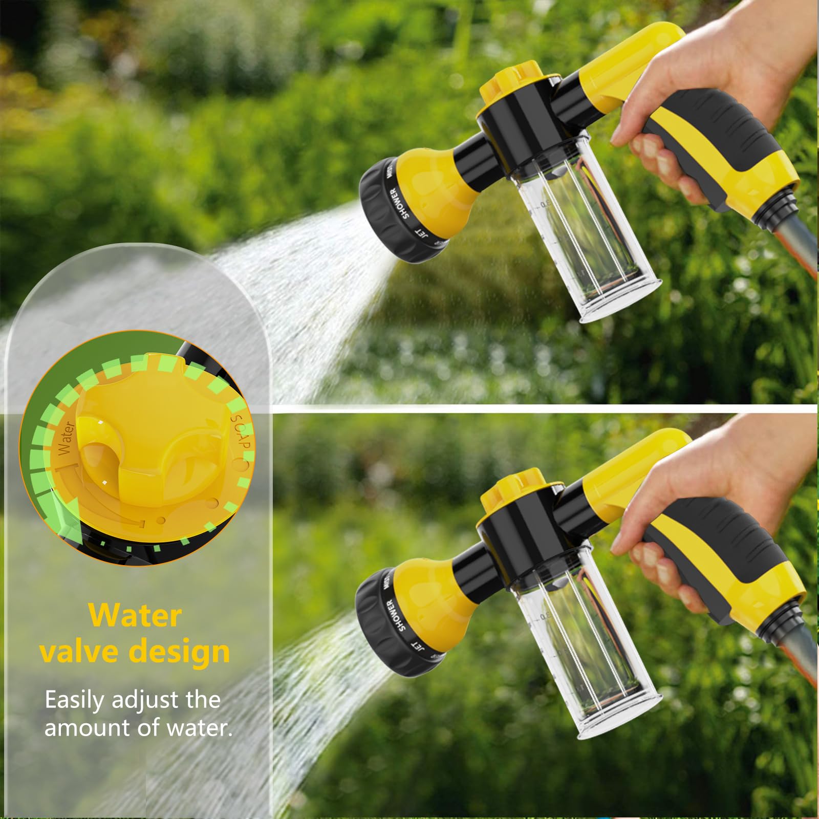 OUTWAY high-pressure spray gun showing jet and stream modes for deep cleaning.