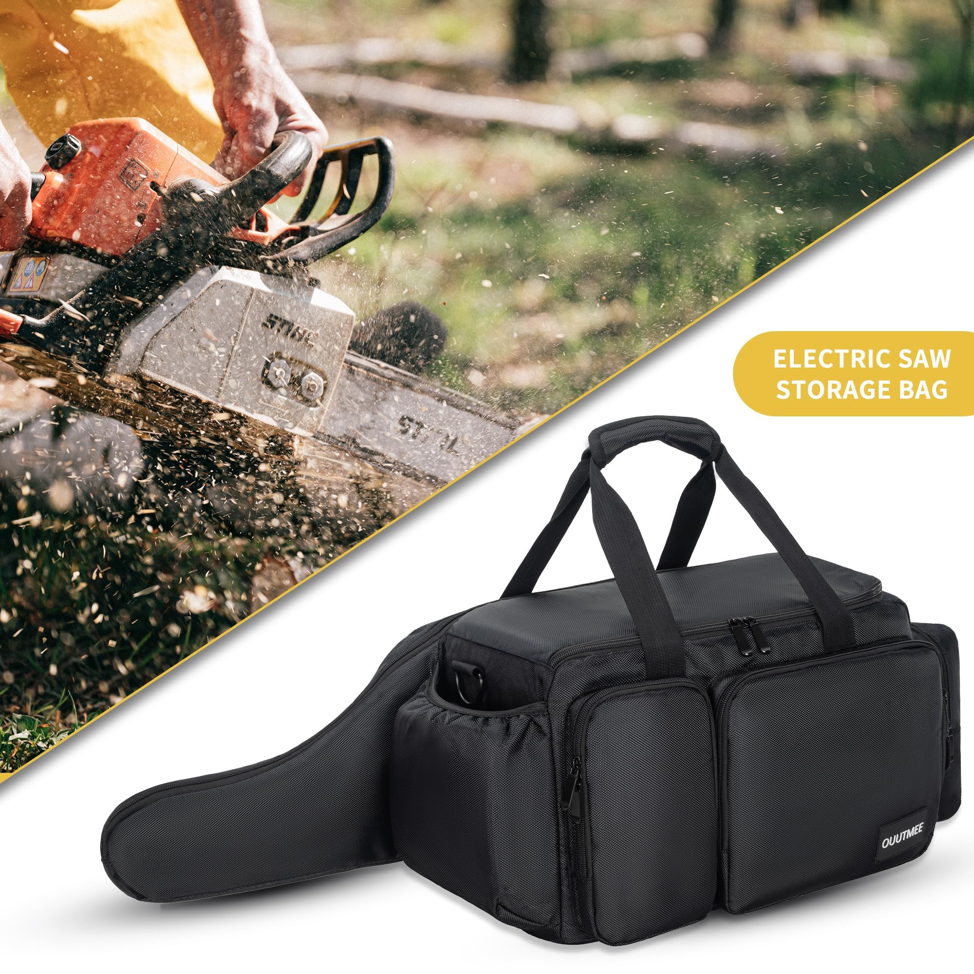 OUUTMEE chainsaw case compatibility label shows fits Greenworks, Dewalt, and EGO