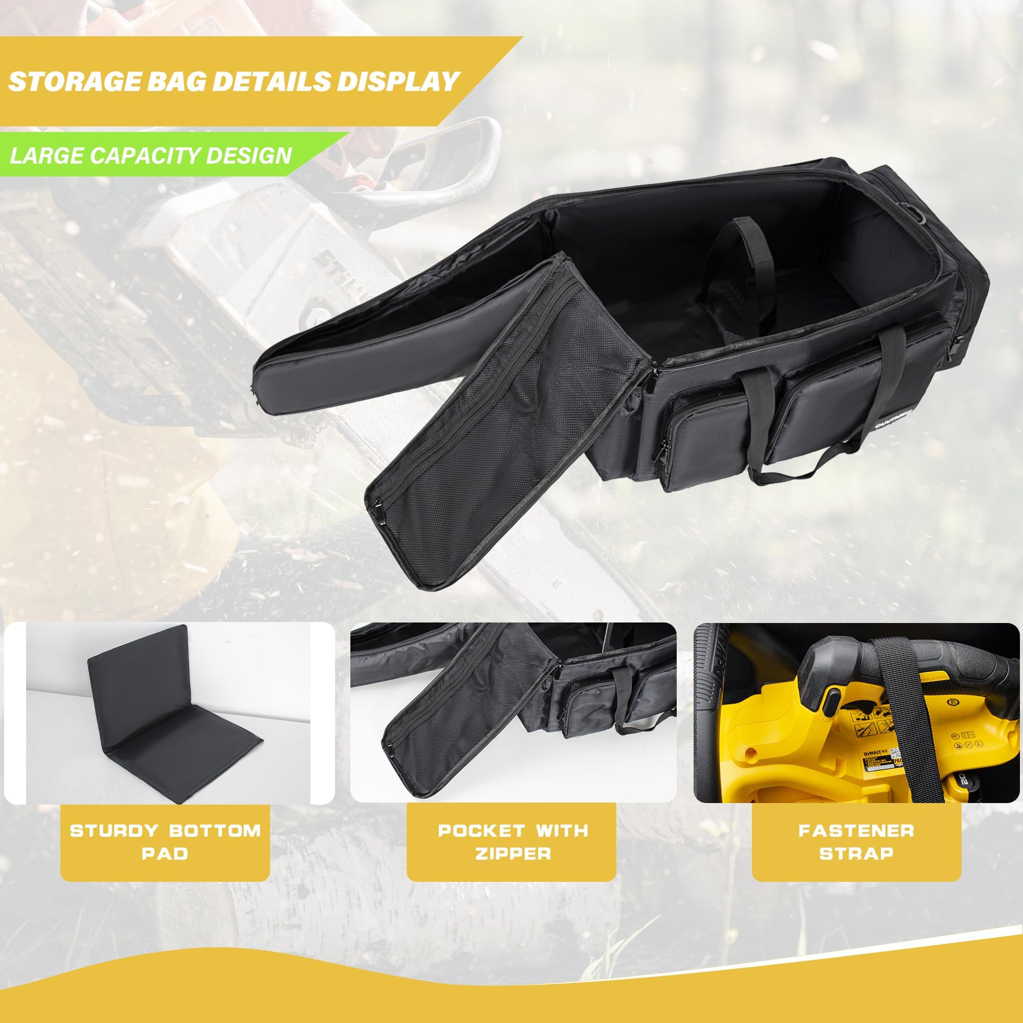 OUUTMEE chainsaw case side pockets hold oil, batteries, gloves