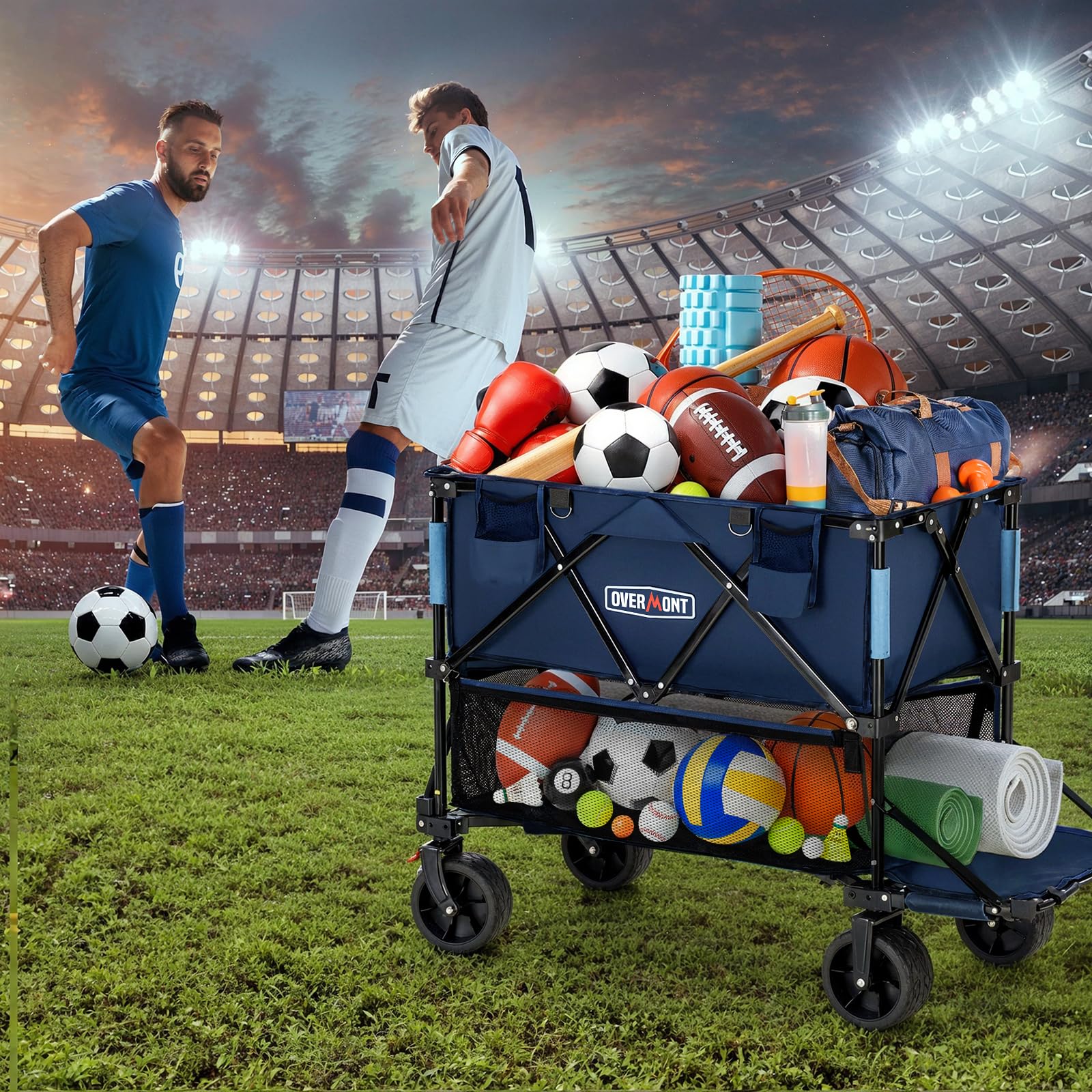 Overmont wagon with 7-inch all-terrain wheels for smooth travel on varied surfaces.