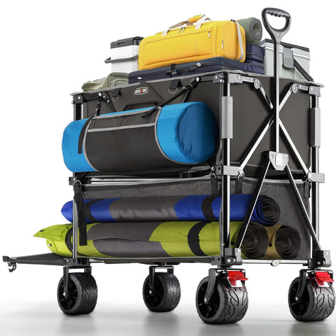 Overmont 400L foldable double decker wagon with extended shelf for oversized gear.