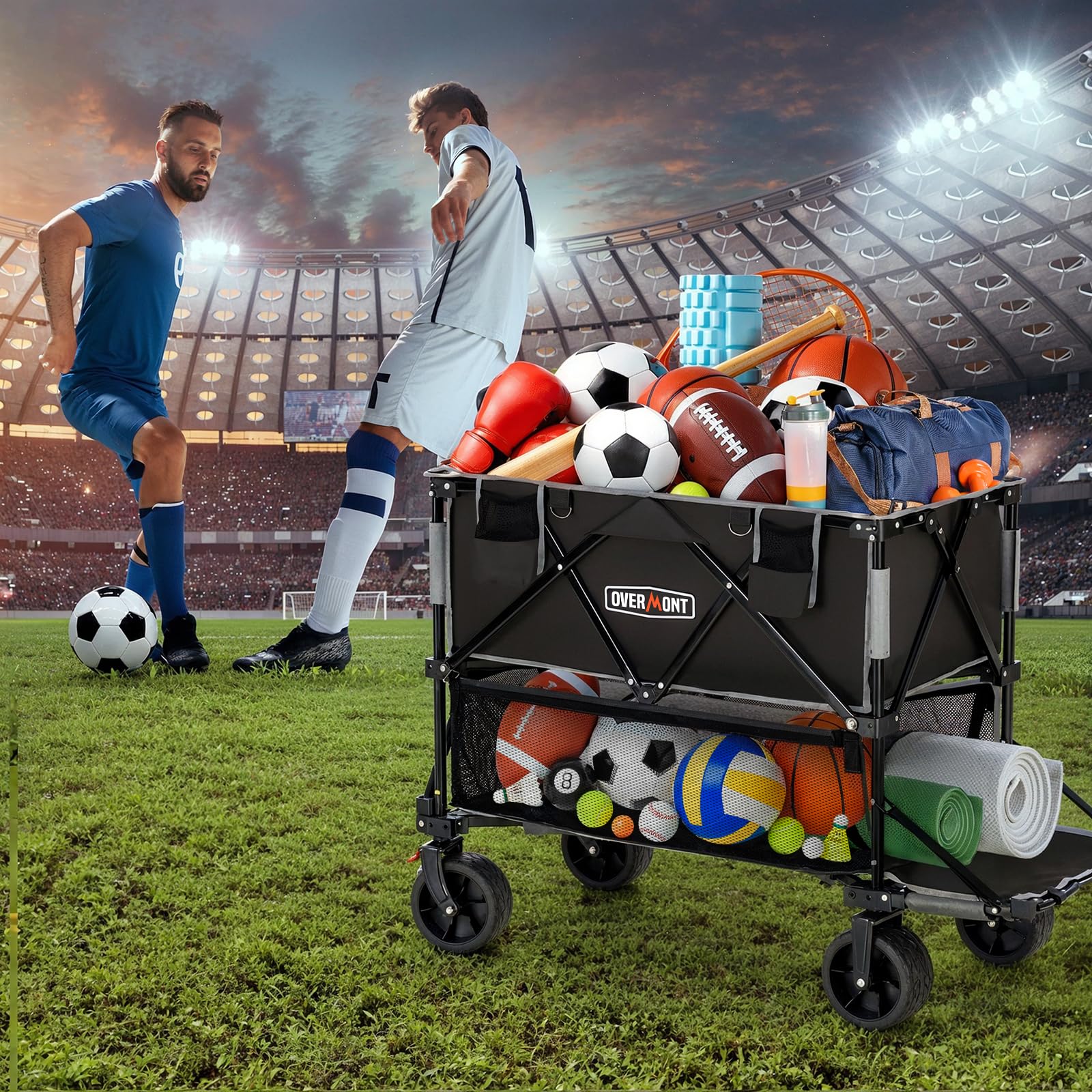 Overmont wagon with 7-inch all-terrain wheels for smooth outdoor movement.