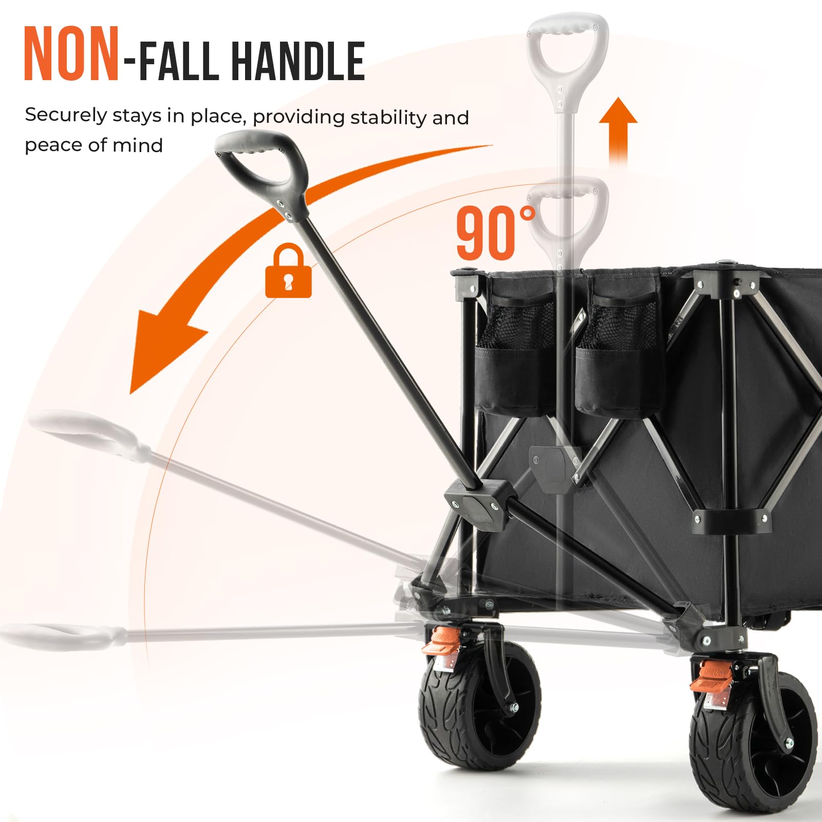 Overmont all-terrain wheels provide smooth handling on sand, grass, and gravel.