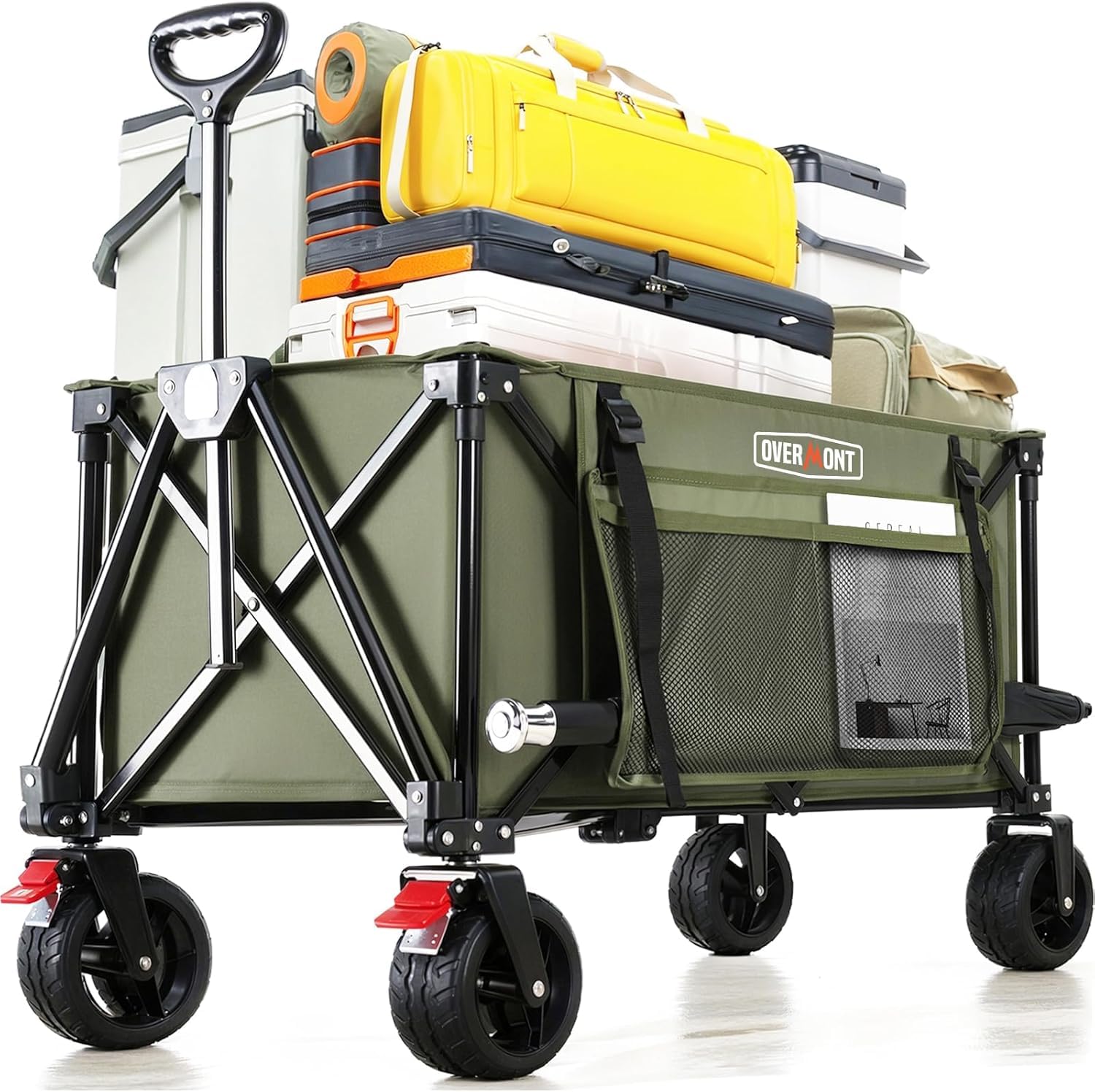 Overmont collapsible wagon in setup mode showing spacious capacity for gear