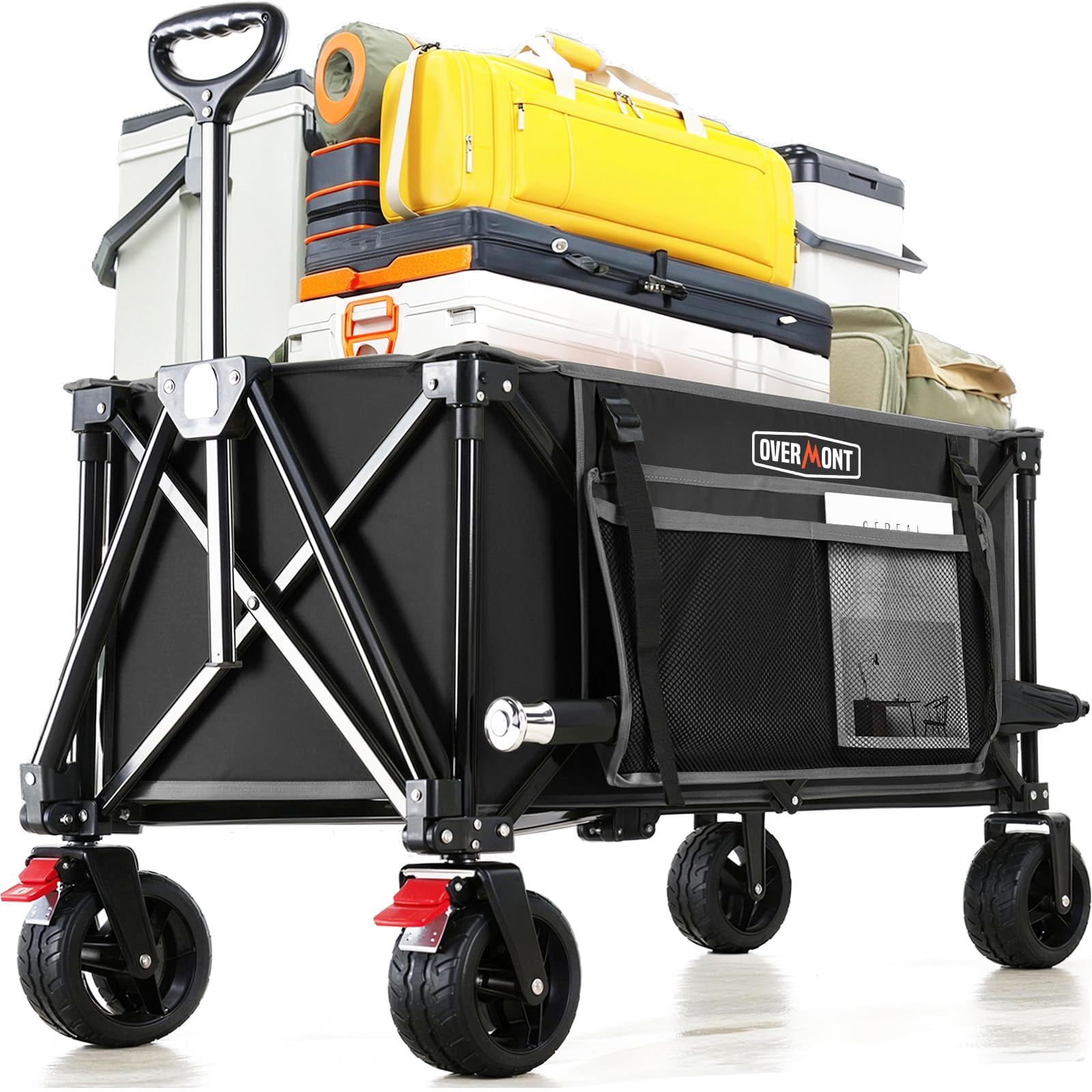 Overmont collapsible wagon wheels enable smooth all-terrain transport.