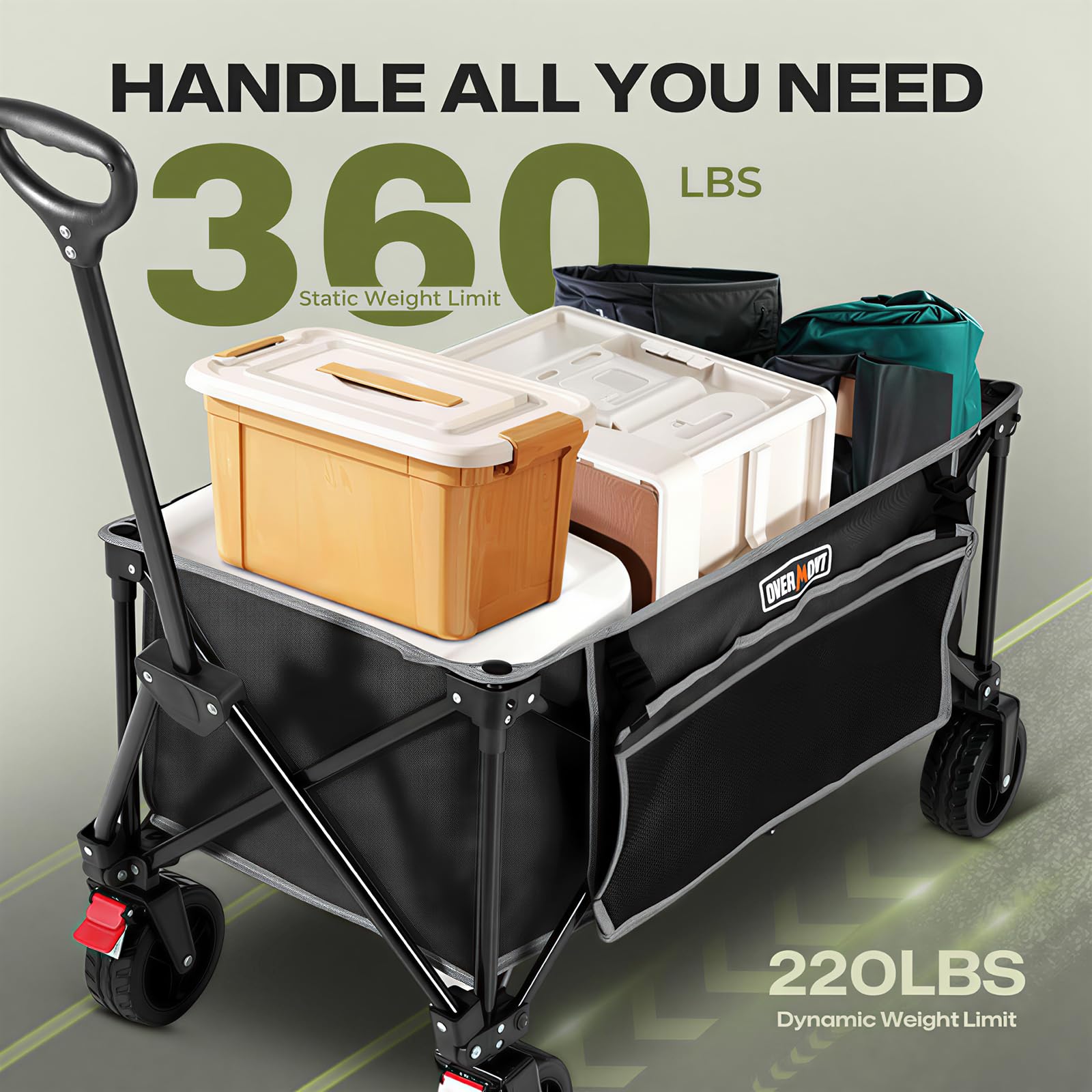 Overmont front brake and swivel wheels offer precise control.