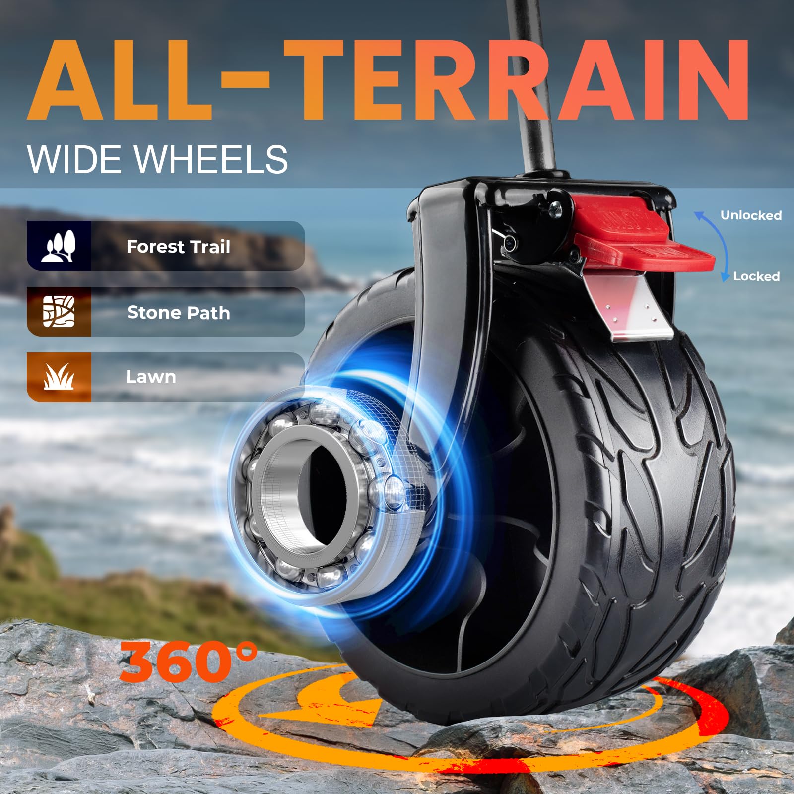 Overmont wagon front shows 360-degree wheels for easy event maneuvering.