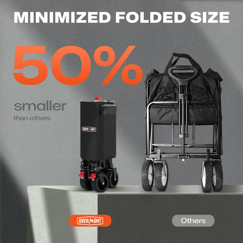 Overmont wide all-terrain wheels provide stable movement on varied surfaces.