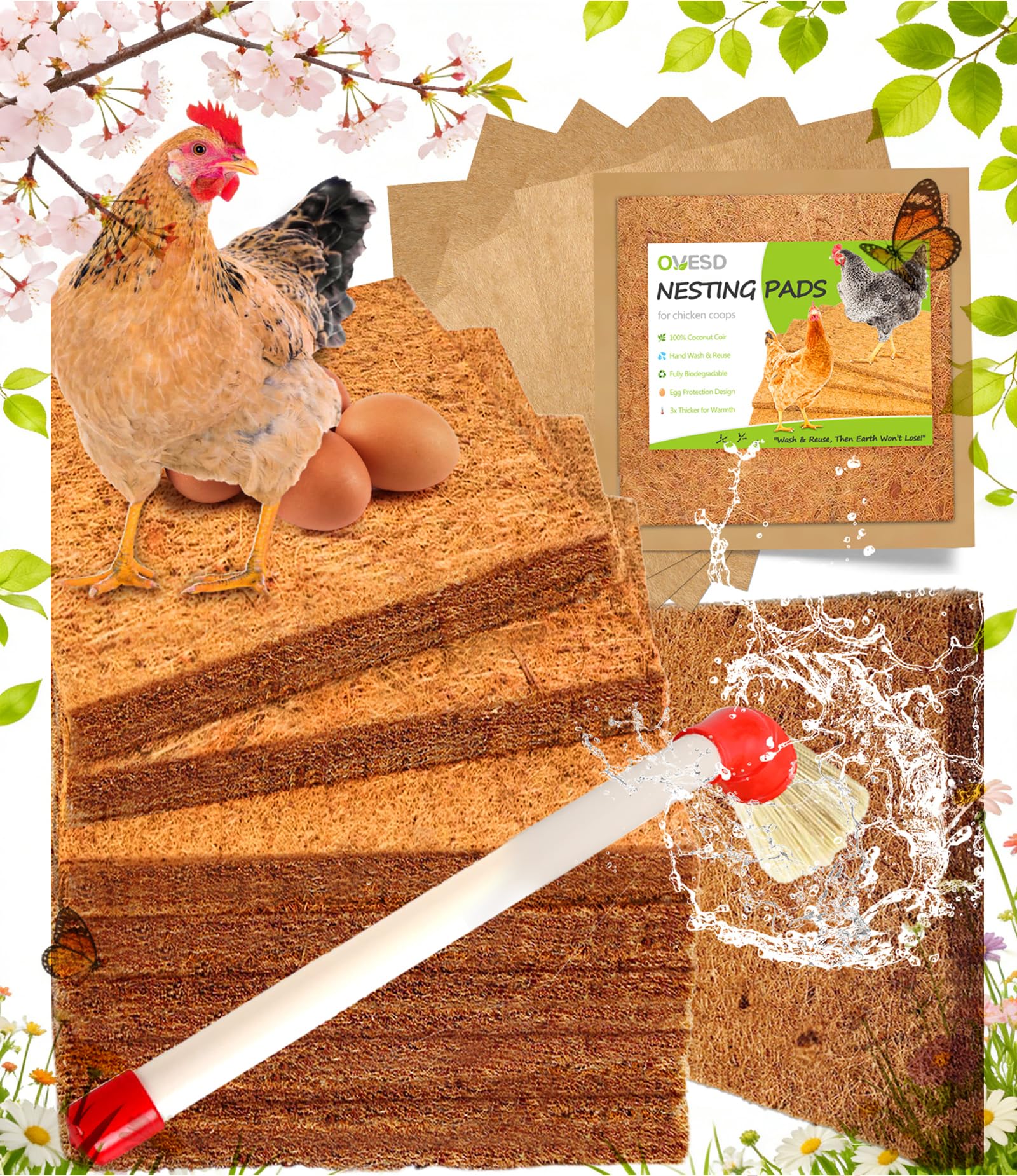 OVESD 3x-thick nesting pads pack for durable, reusable coop bedding.