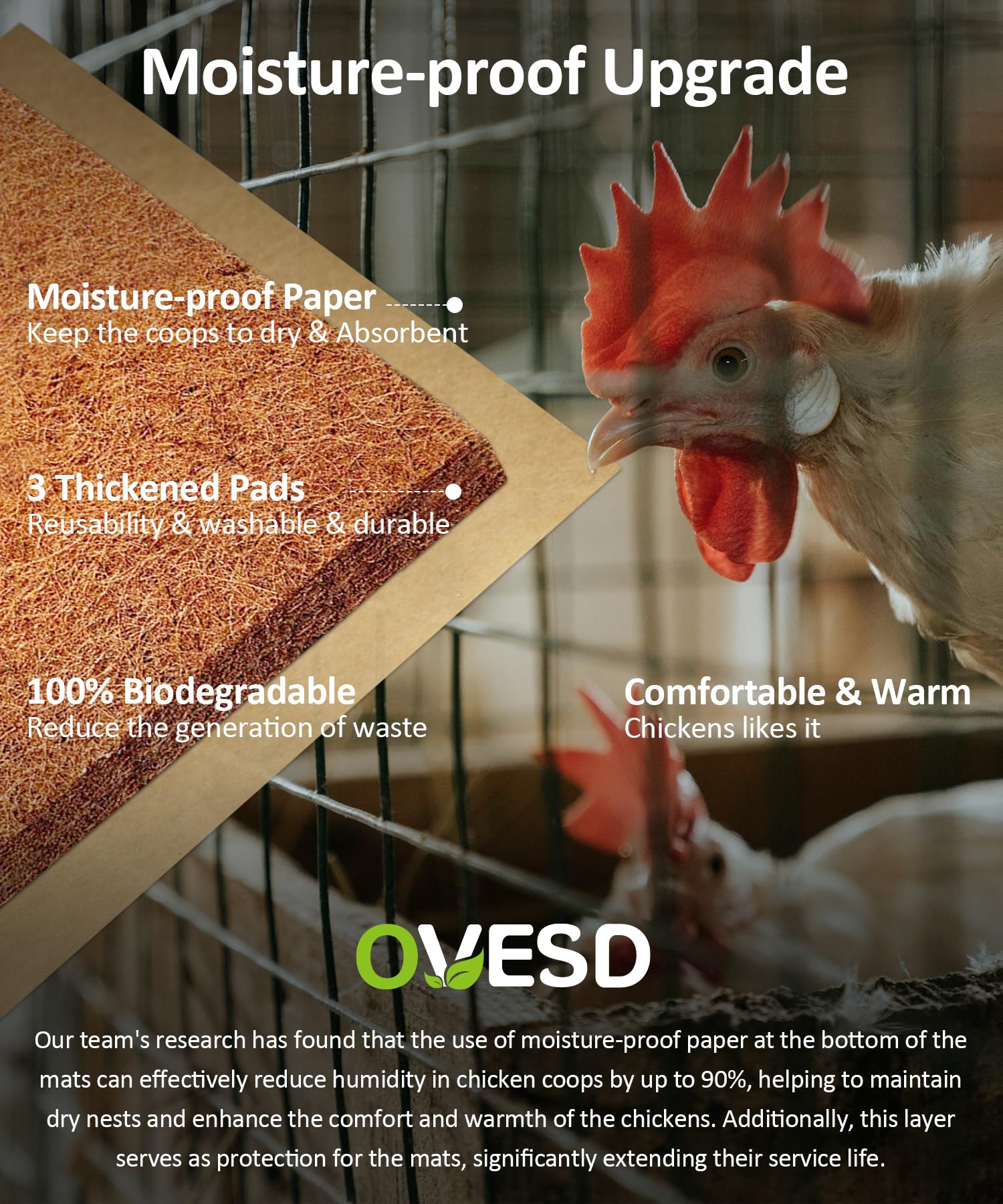 OVESD 3x-thick pads promote dry nests and calm hens.