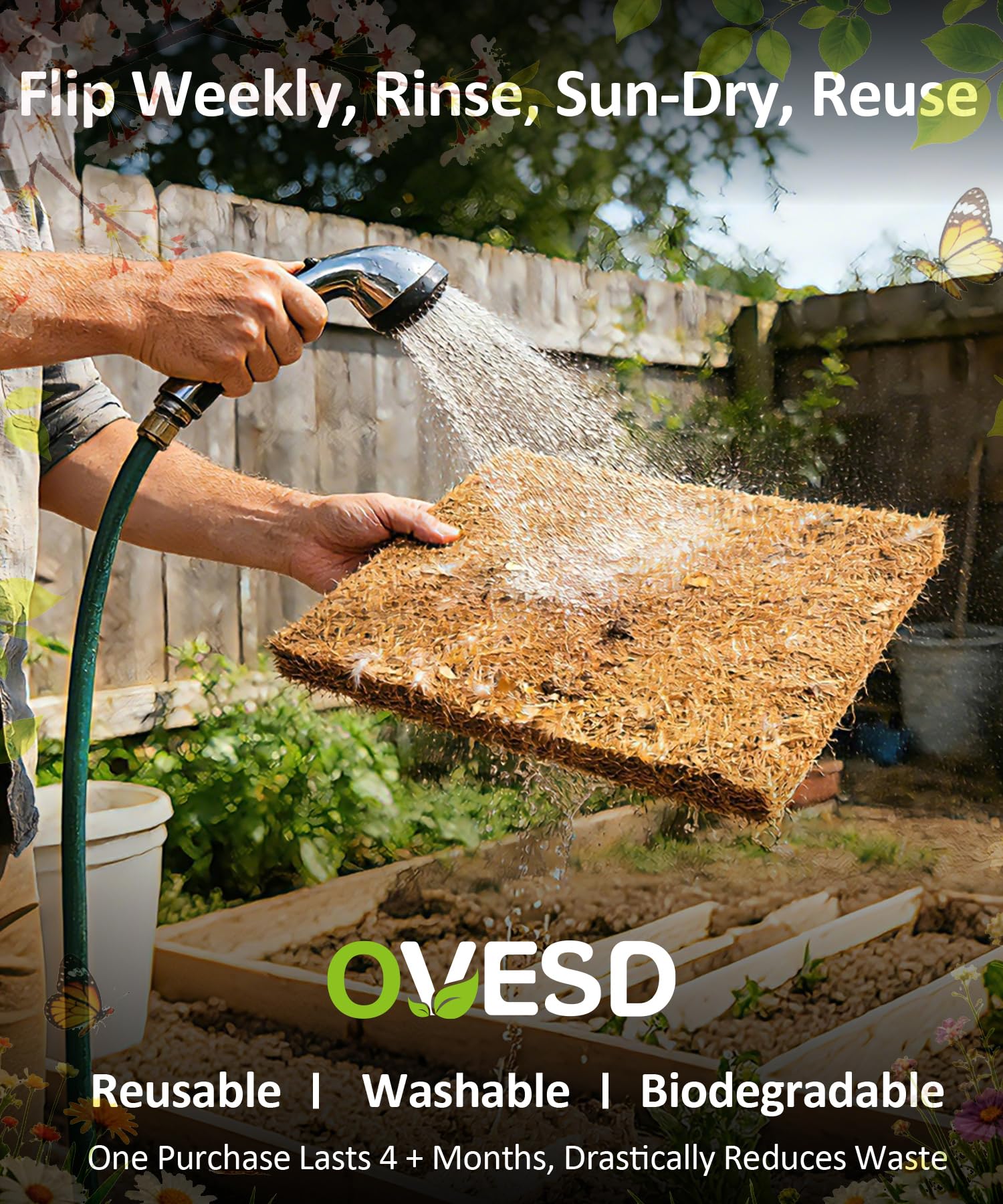 OVESD nesting pads with liners and brush for easy coop cleaning.