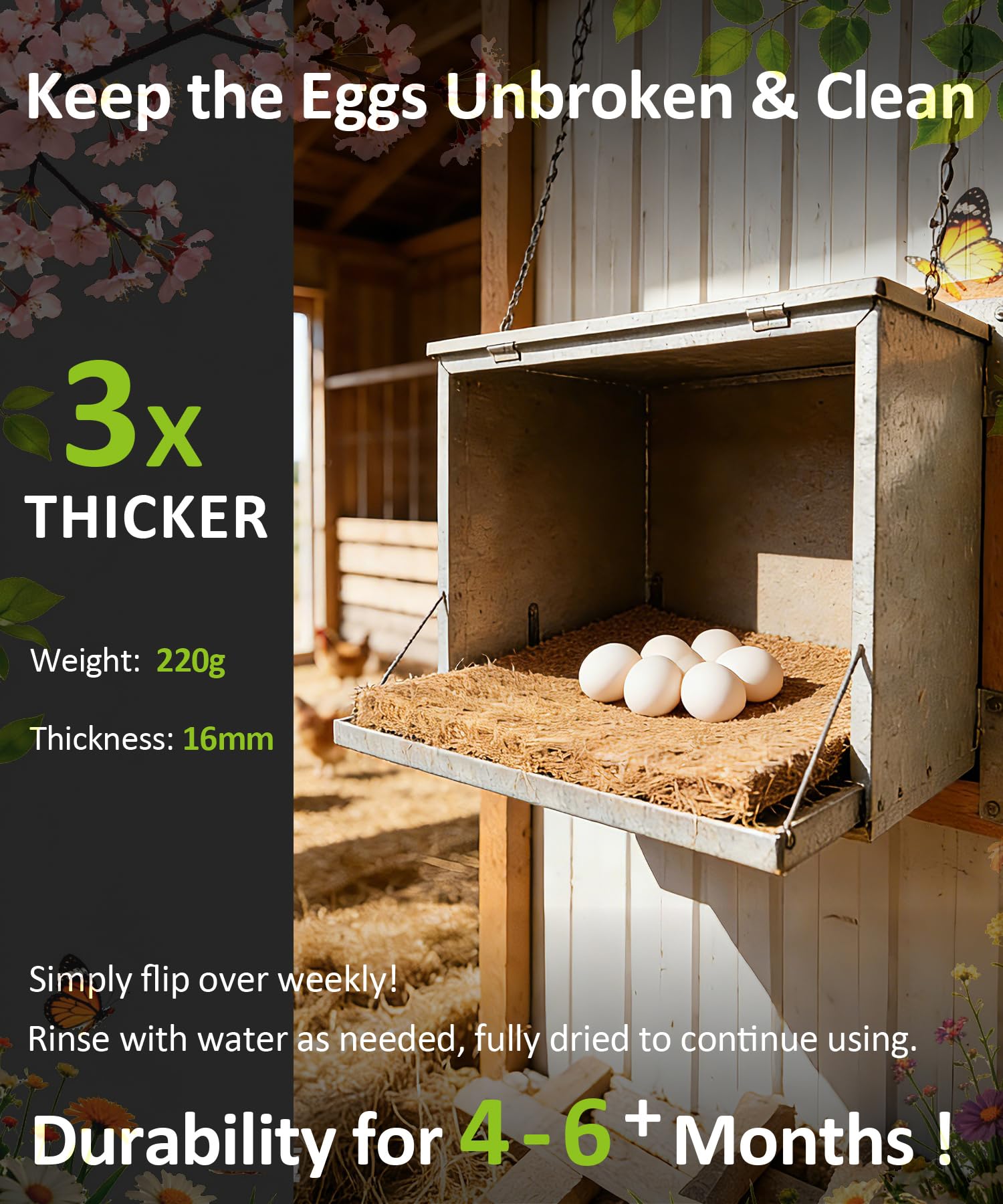 OVESD washable nesting pads improve moisture control for clean eggs.
