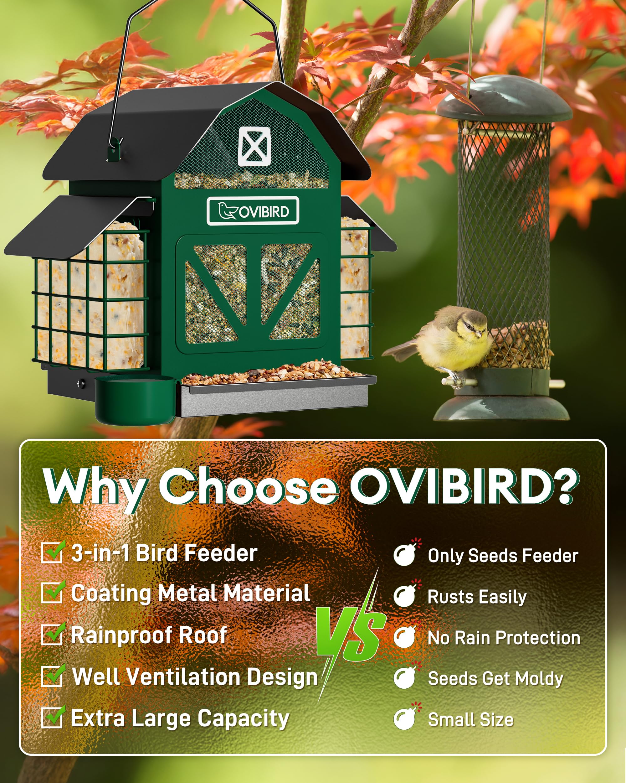OVIBIRD green weather-resistant feeder for year-round outdoor bird watching.