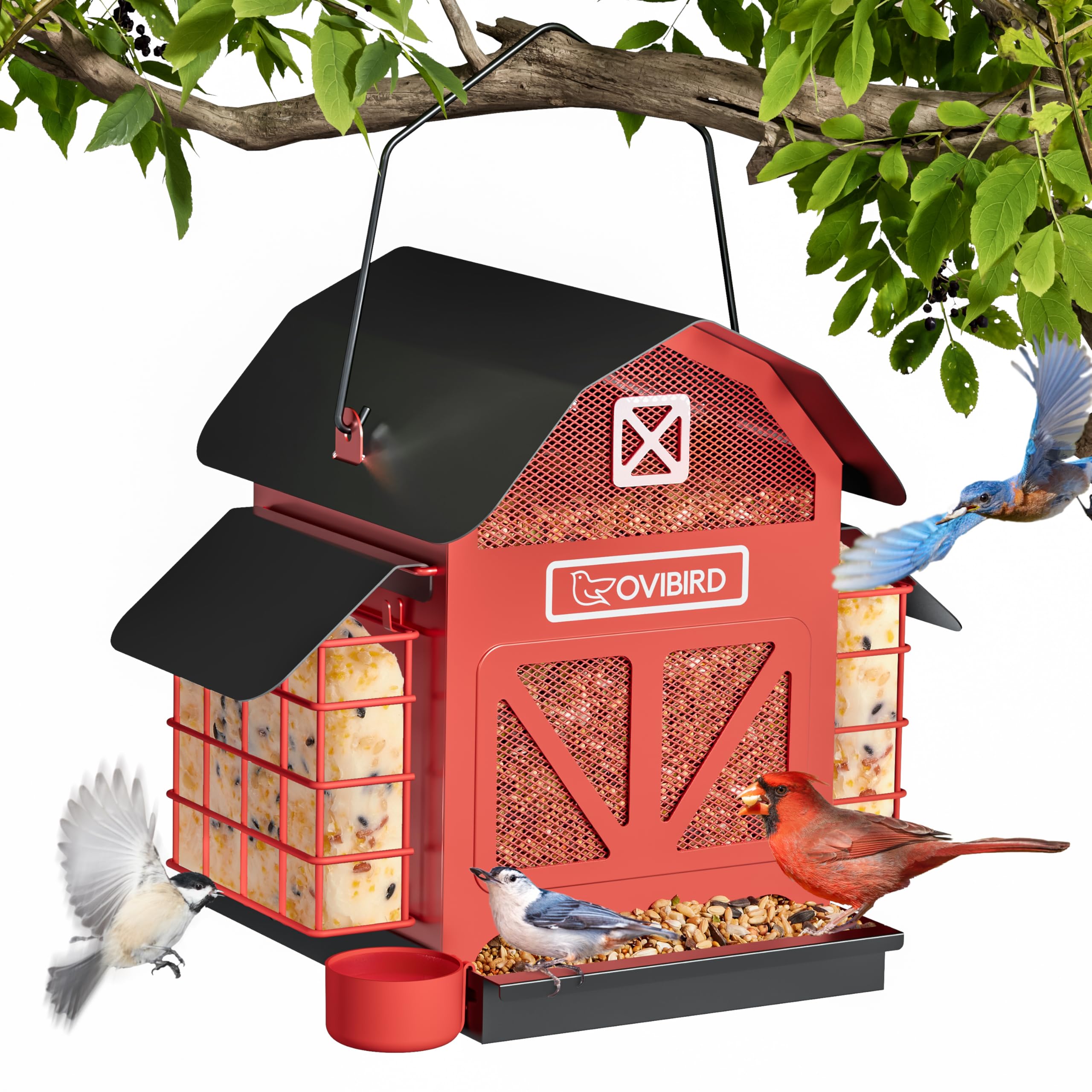 OVIBIRD red barn bird feeder with six ports for 360-degree feeding to attract birds.