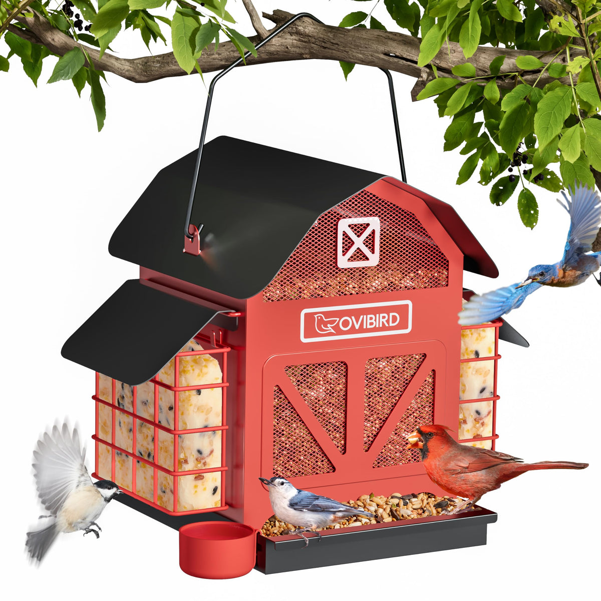OVIBIRD red barn bird feeder with six ports for 360-degree feeding to attract birds.