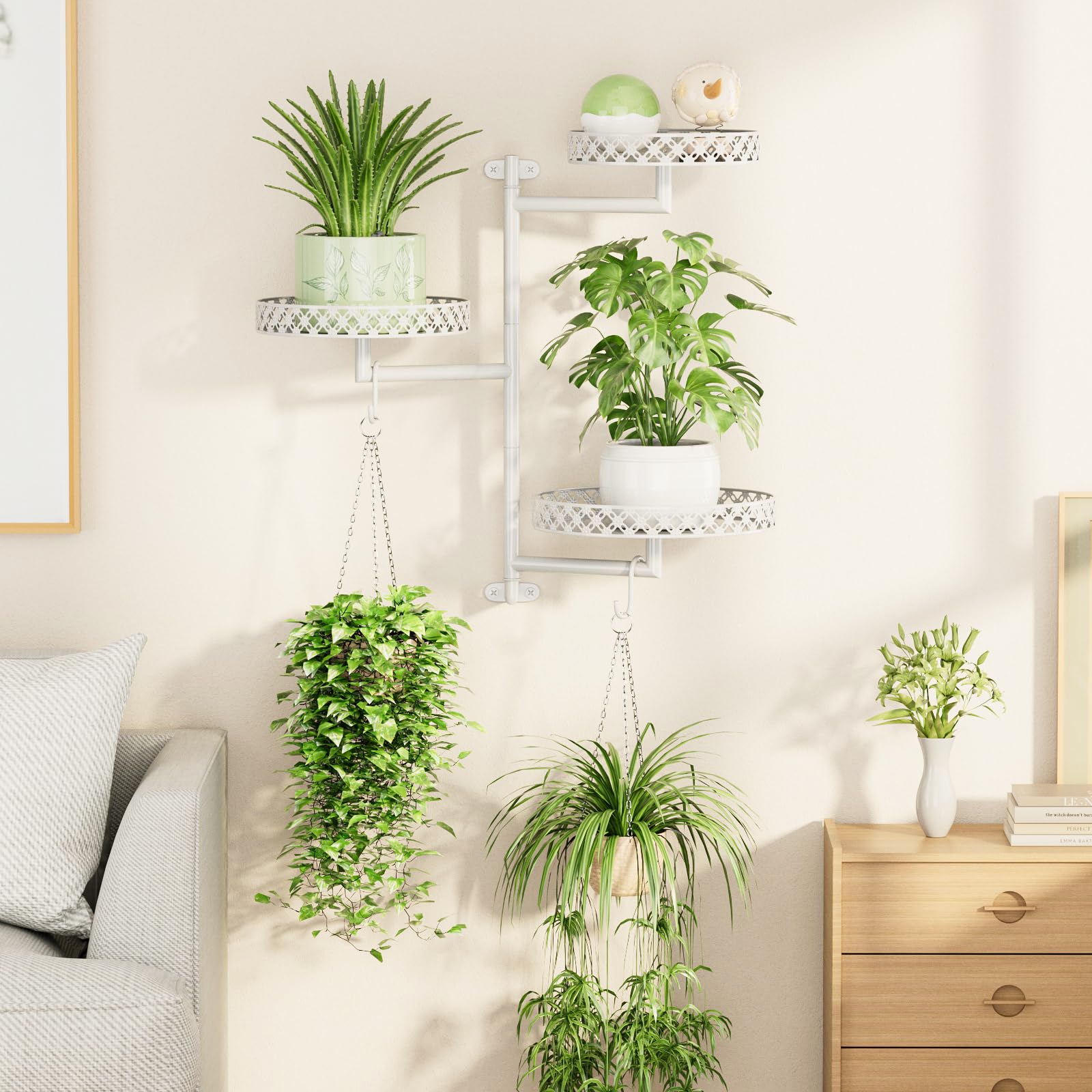 OVICAR includes two hooks for hanging planters on the rack.