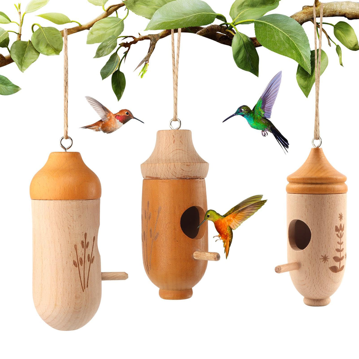 Ovrimelle hummingbird house in natural beech wood for outdoor nesting.
