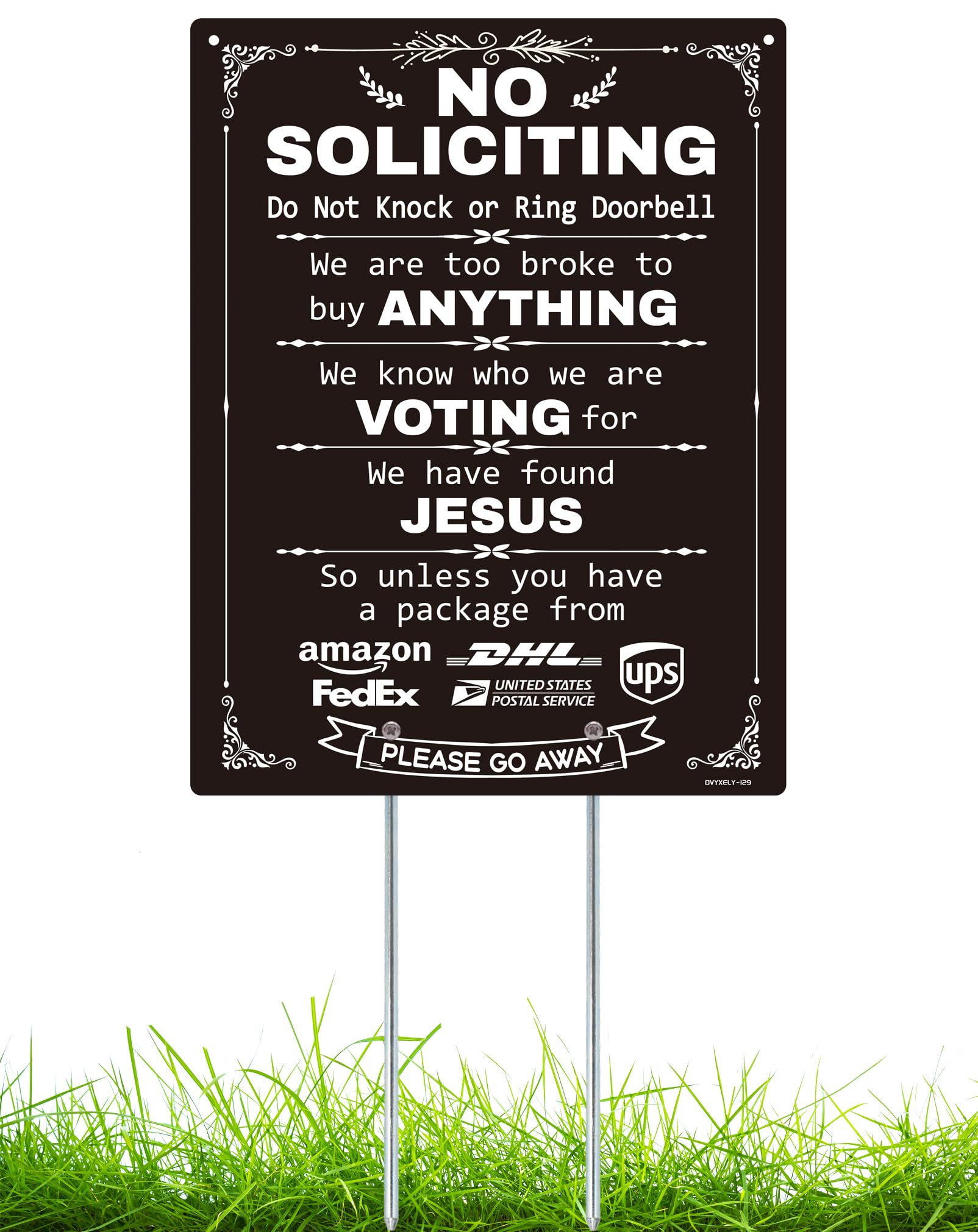 Ovyxely No Soliciting Sign with stake at the front door for privacy.