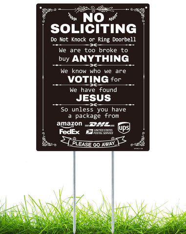 Ovyxely No Soliciting Sign with stake at the front door for privacy.