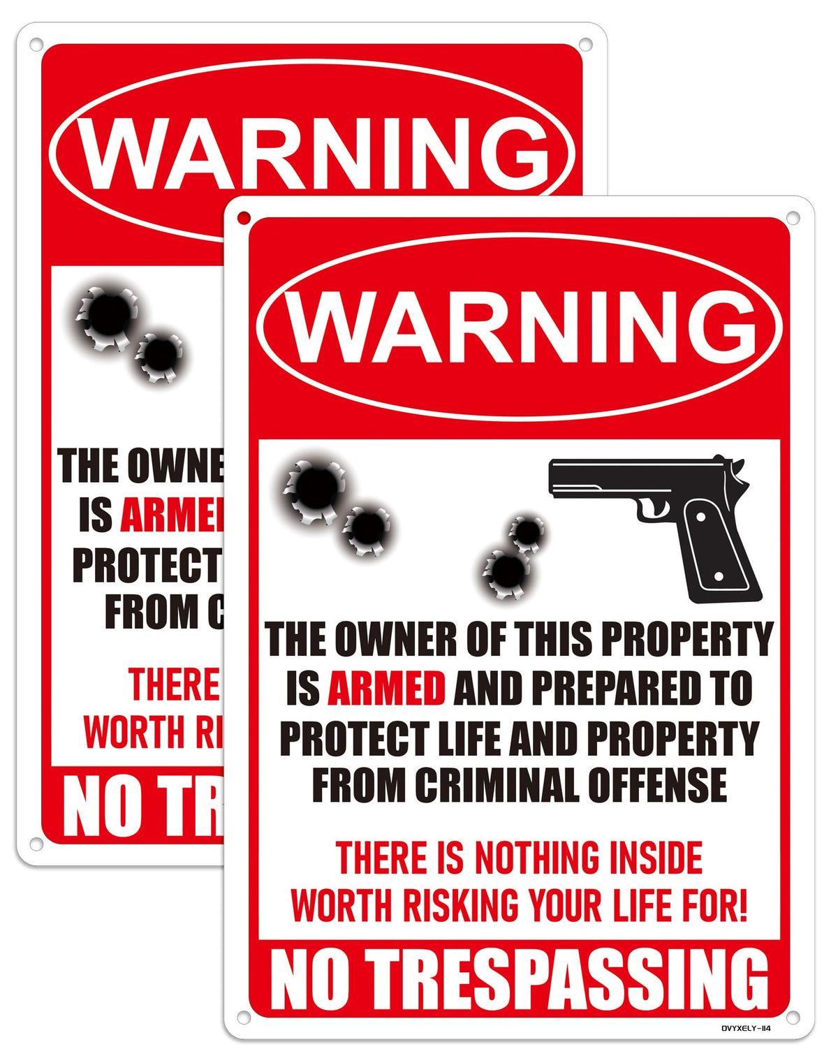Ovyxely No Trespassing sign with armed warning, deterring intruders at night.
