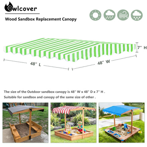 Owlcover foldable benches provide shaded seating beside the sandbox.