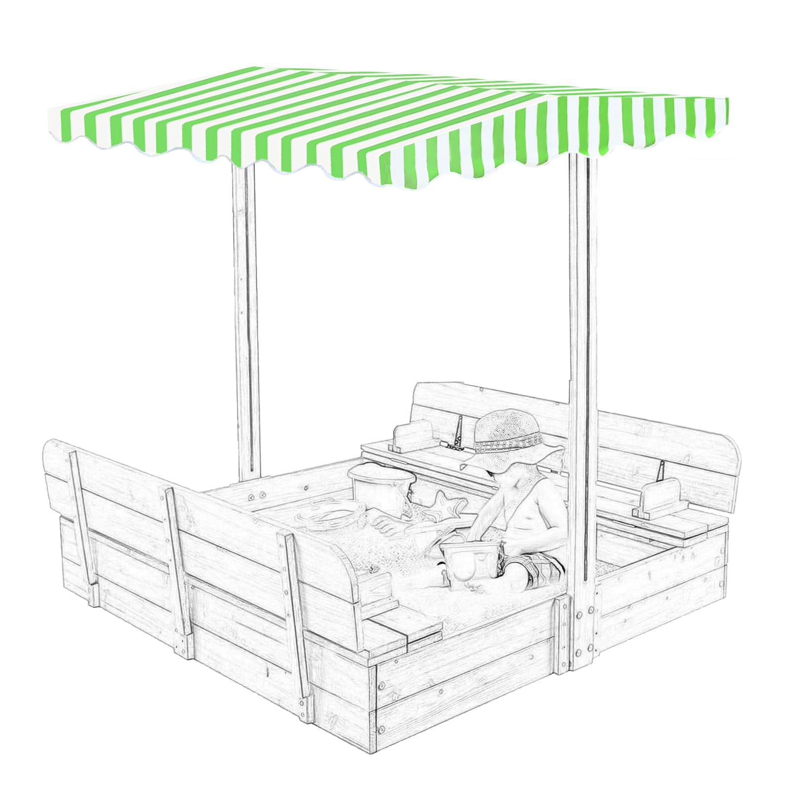 Owlcover wood sandbox canopy in green top shielding a 48x48 inch play area from sun.