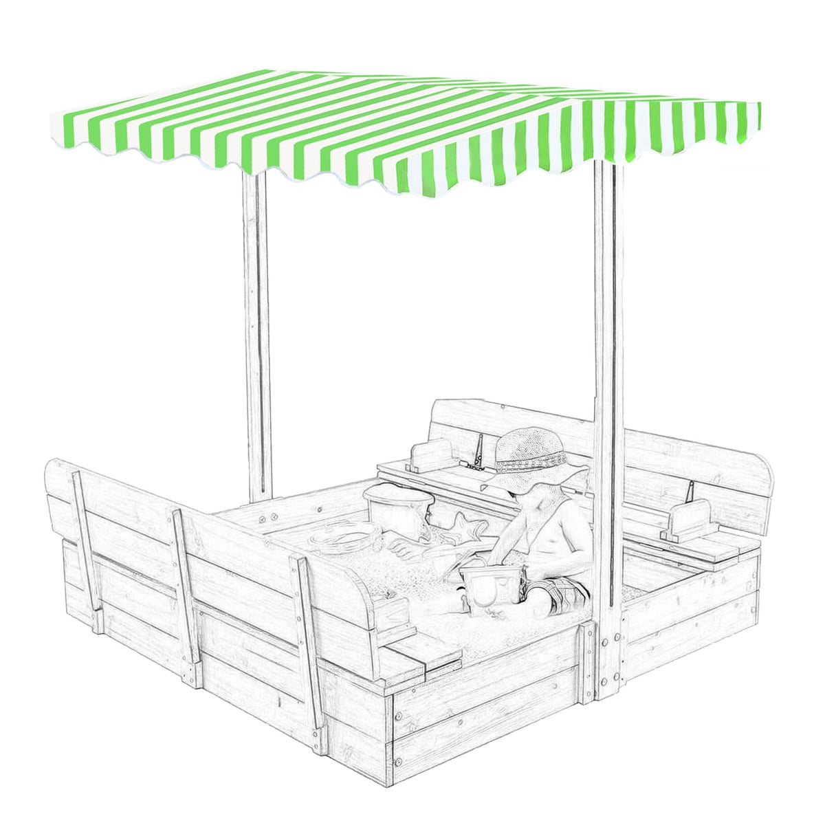 Owlcover wood sandbox canopy in green top shielding a 48x48 inch play area from sun.