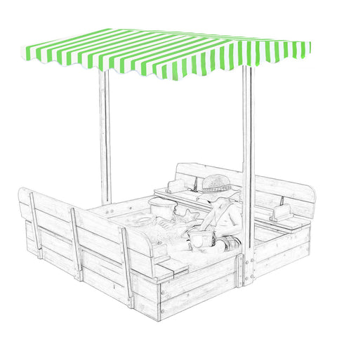 Owlcover wood sandbox canopy in green top shielding a 48x48 inch play area from sun.