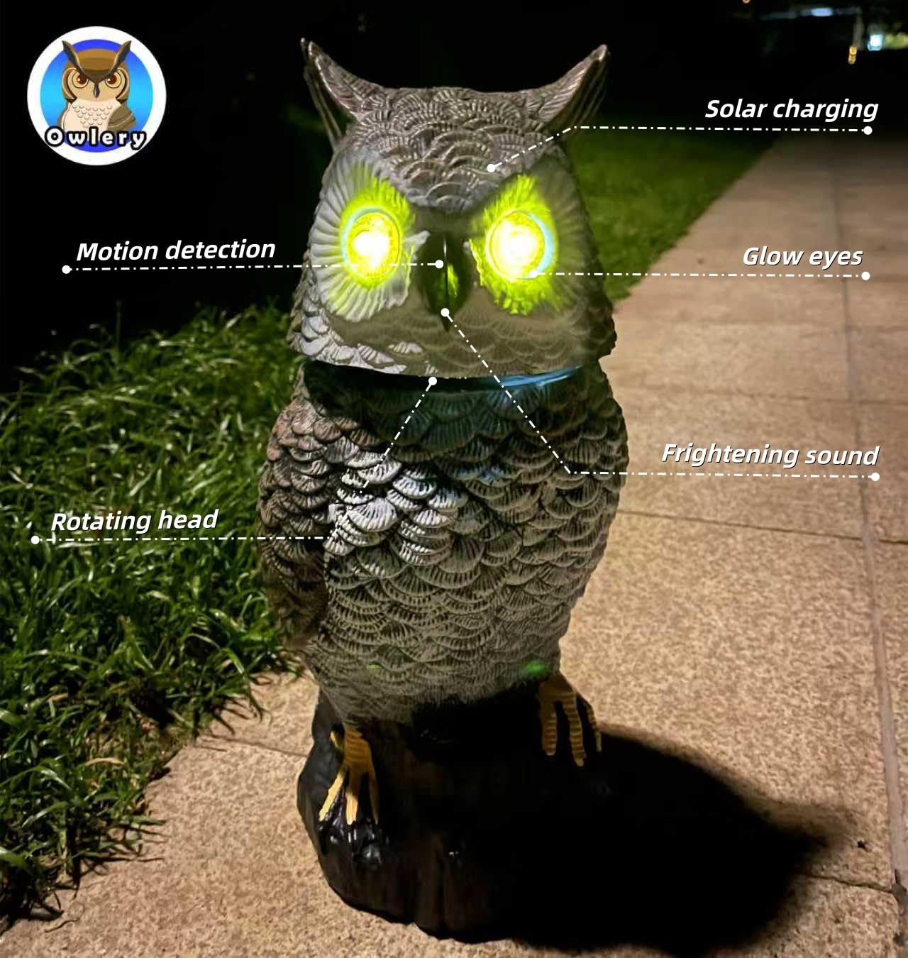 Owlery Brown solar owl head spins as it surveys the garden.
