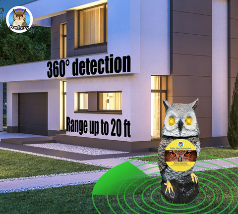 Owlery Brown solar owl emits hunting hoots for added realism.