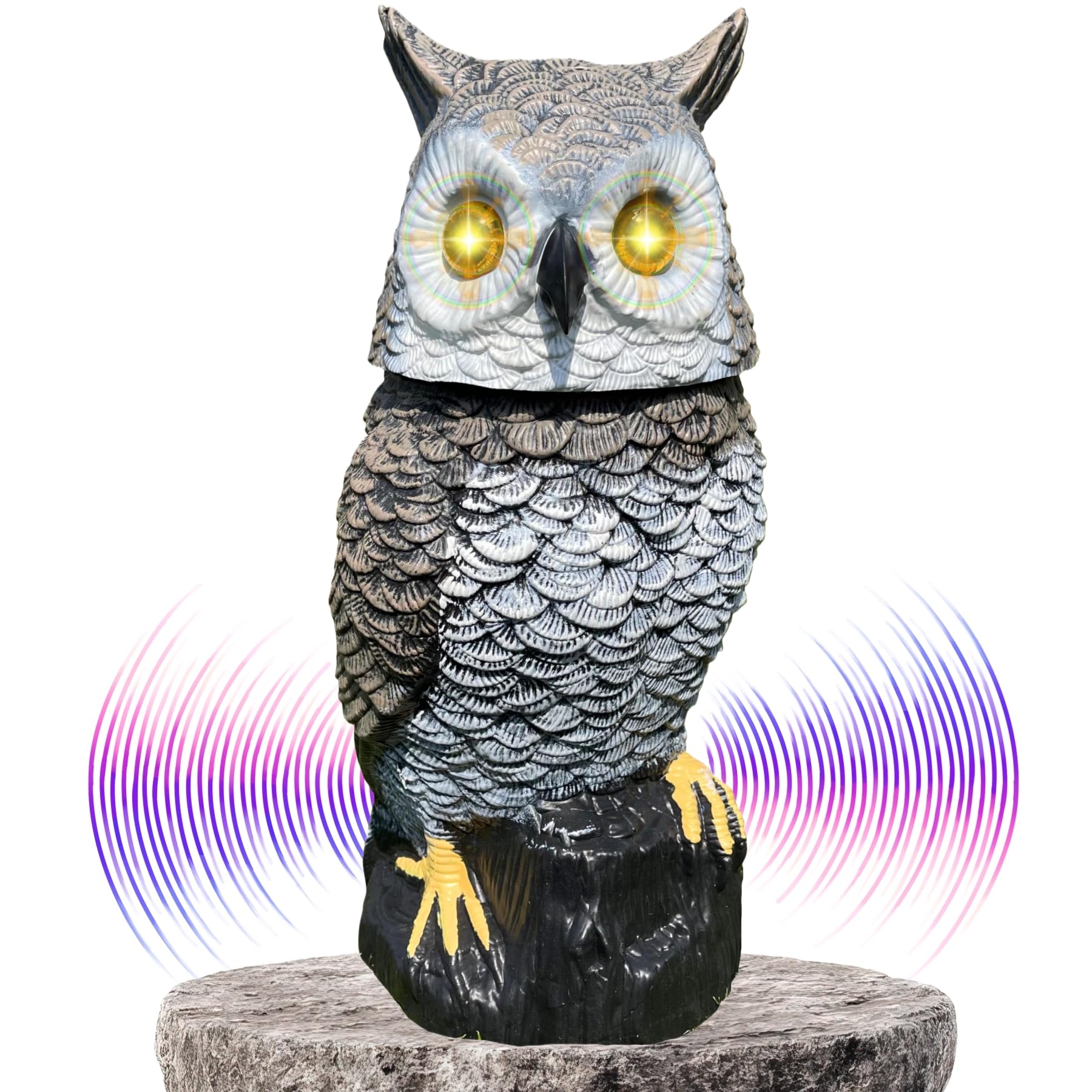 Owlery Brown solar owl outdoors with motion detector deters pests.