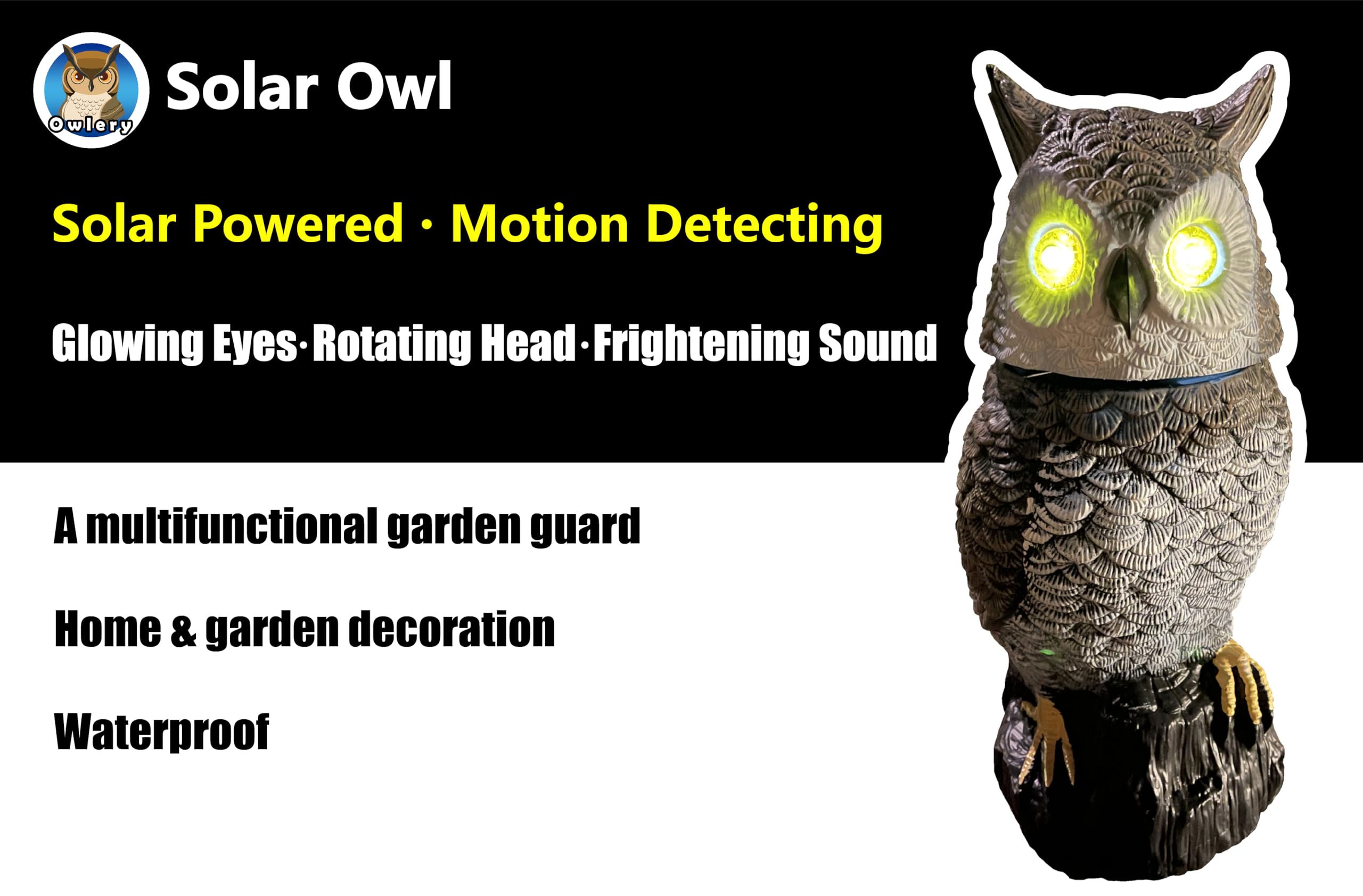 Owlery Brown solar owl operates in silent mode without hoots.