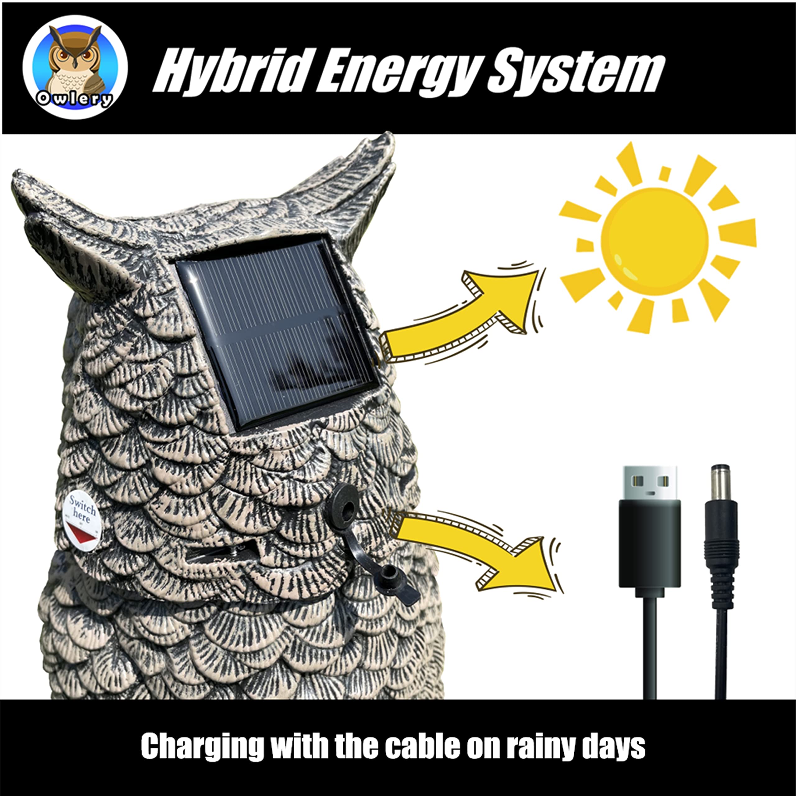 Owlery Brown solar owl features waterproof shell for year-round outdoor use.