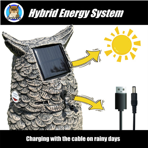Owlery Brown solar owl features waterproof shell for year-round outdoor use.