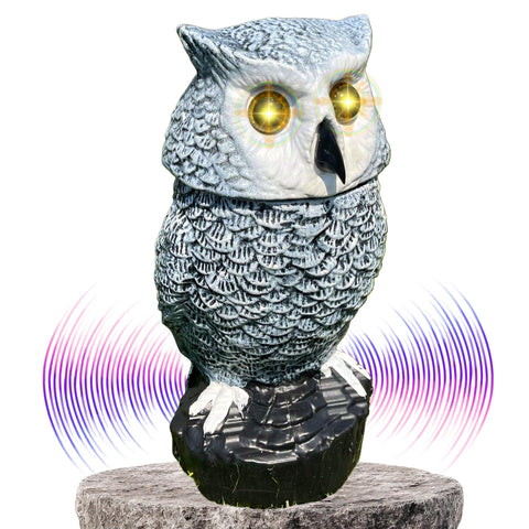 Owlery Snowy Solar Owl with motion detector and flashing eyes enhances outdoor ambiance.