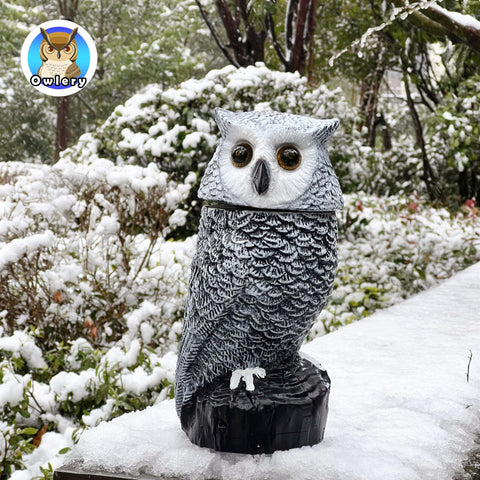 Owlery Snowy Solar Owl has a waterproof shell for all-weather display.