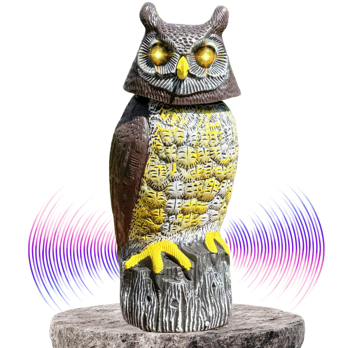 Owlery Solar Owl Guard front view for garden deterrence and décor.