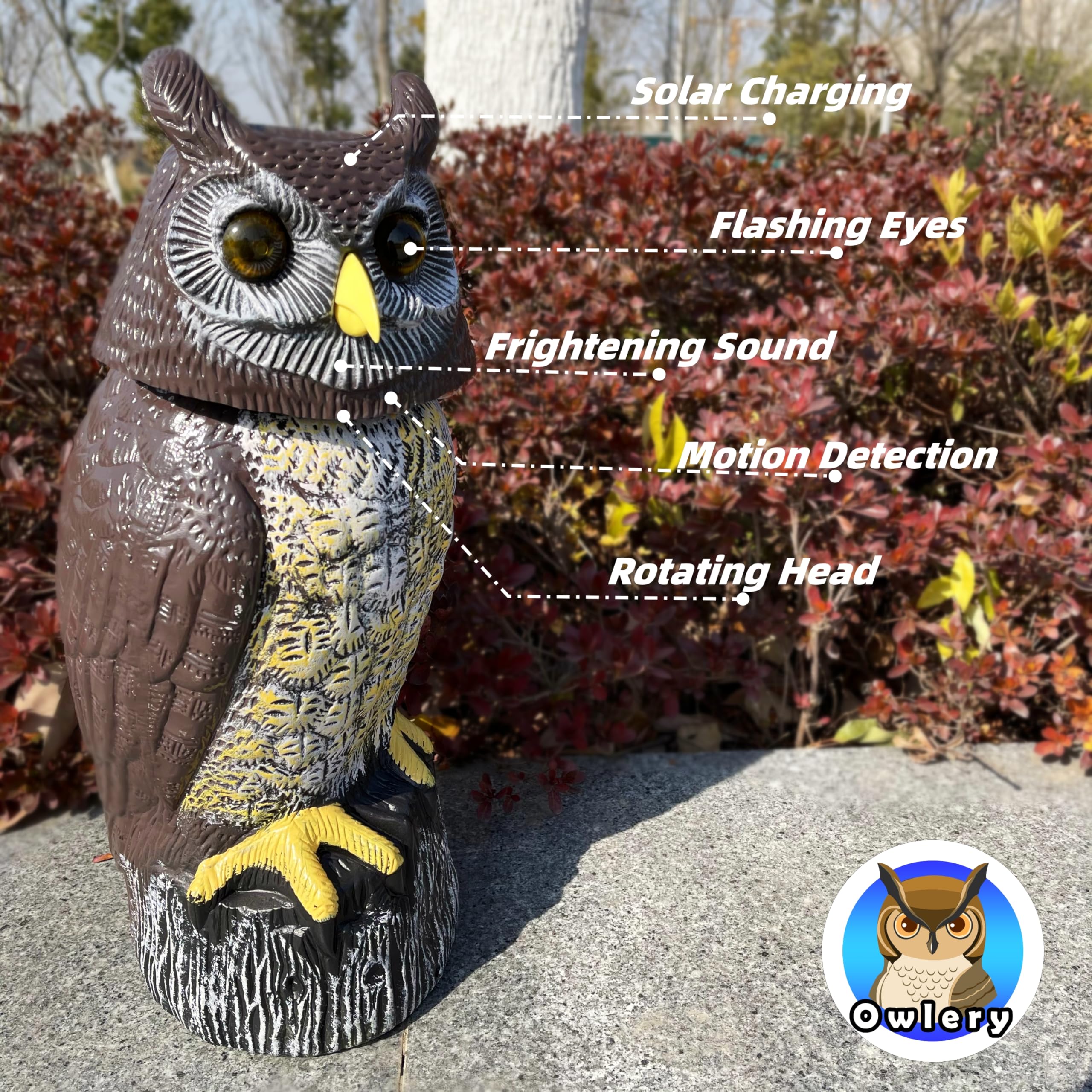Owlery Solar Owl Guard spinning head adds lifelike motion.